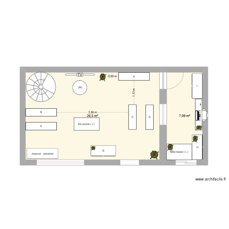 point de vente. Plan de 2 pièces et 34 m2