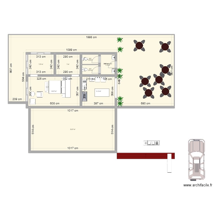 Rancho. Plan de 9 pièces et 212 m2