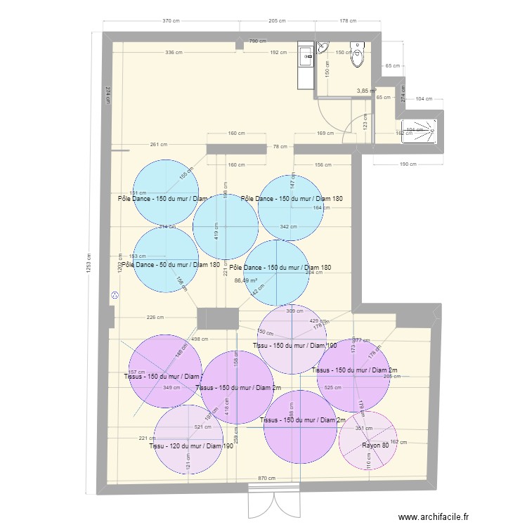 Pôle Dance - Cotations. Plan de 2 pièces et 90 m2