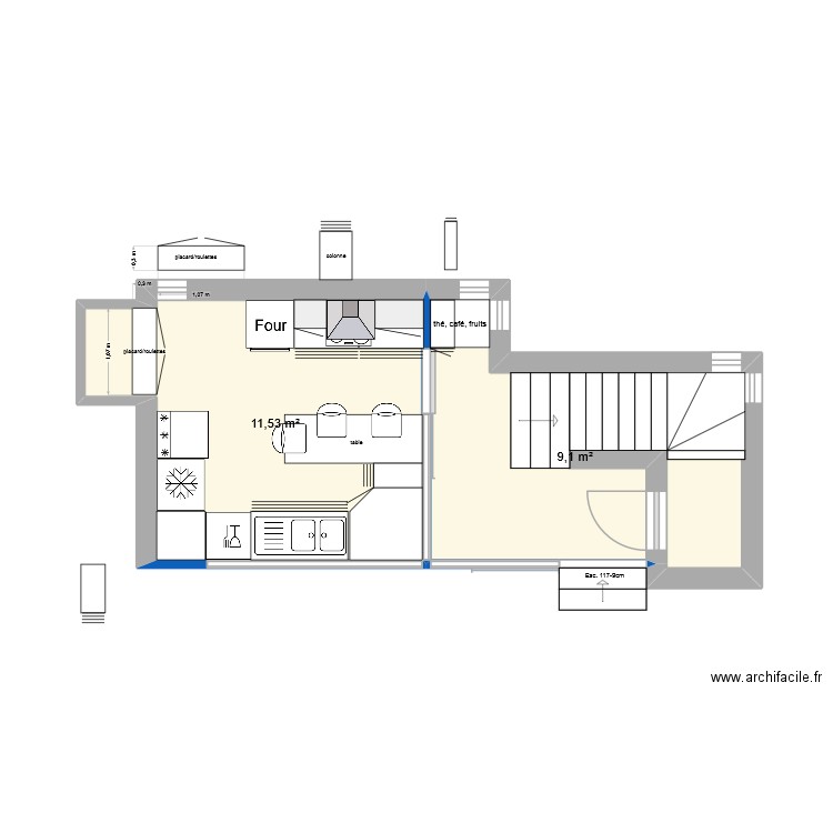 cuisine estrade 3. Plan de 2 pièces et 21 m2