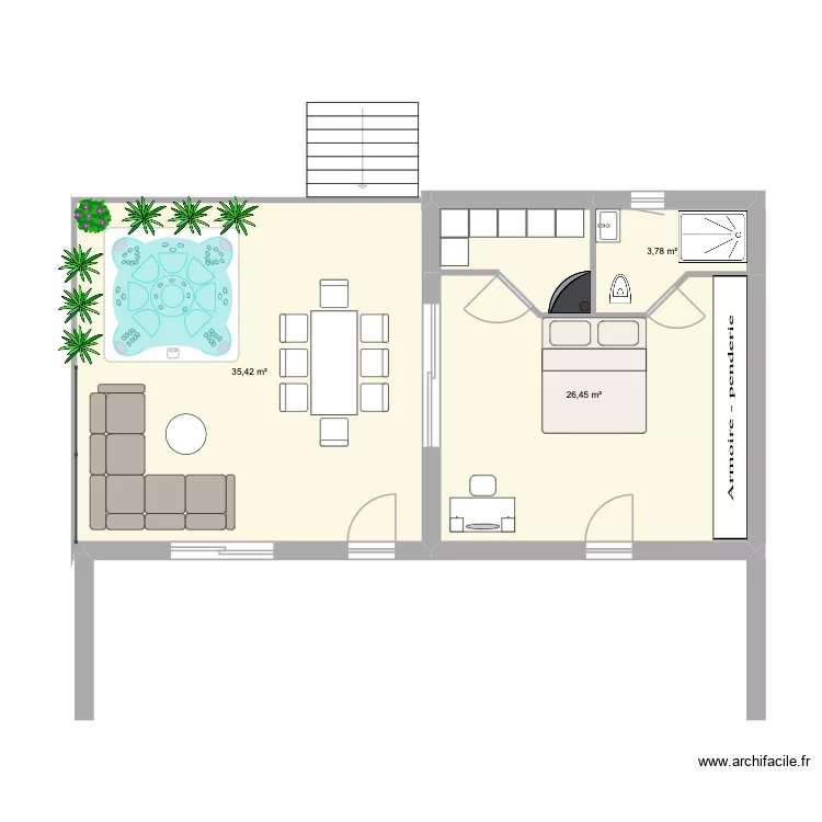 Plan Extension terrasse et chambre parentale. Plan de 3 Pièces et 66 m²
