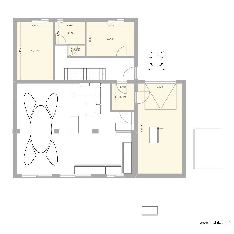 bas agrandissement. Plan de 6 pièces et 55 m2