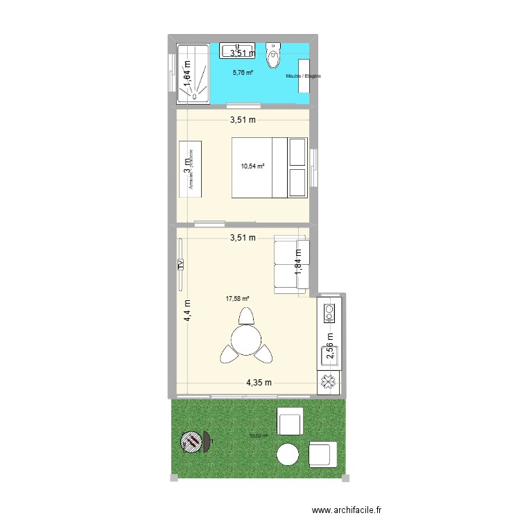 studio2. Plan de 3 pièces et 34 m2
