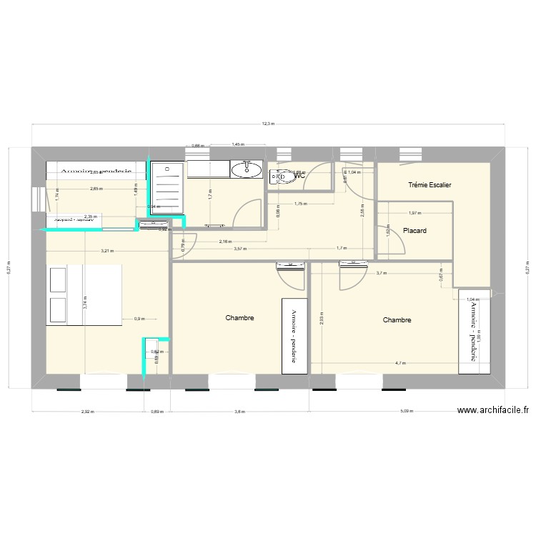BANDOL Etage SDE. Plan de 9 pièces et 57 m2