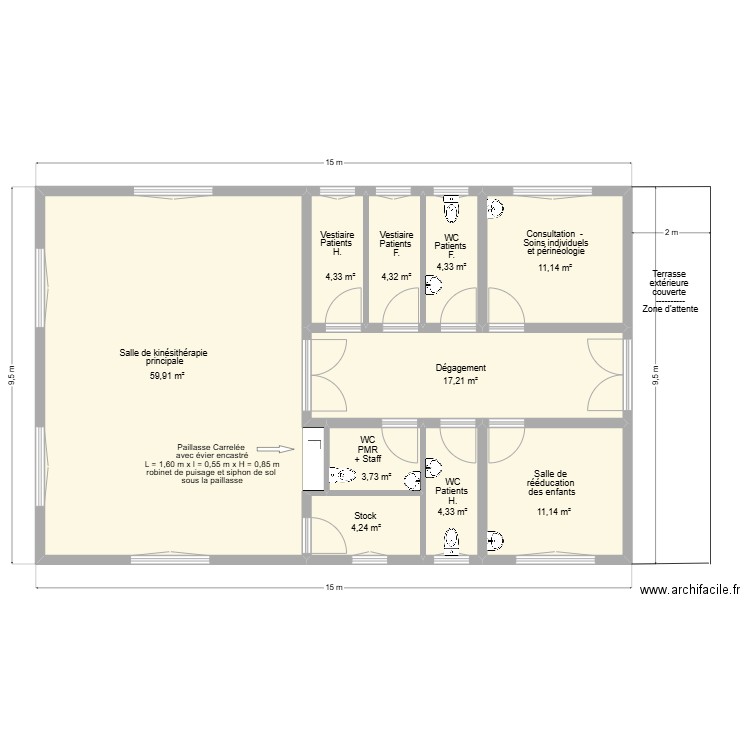 Hôpital de Kiremba - Bâtiment service kiné neuf. Plan de 10 pièces et 125 m2