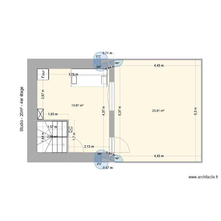 Plan 4e étage - Studio - Perpi - dagobert. Plan de 3 pièces et 40 m2