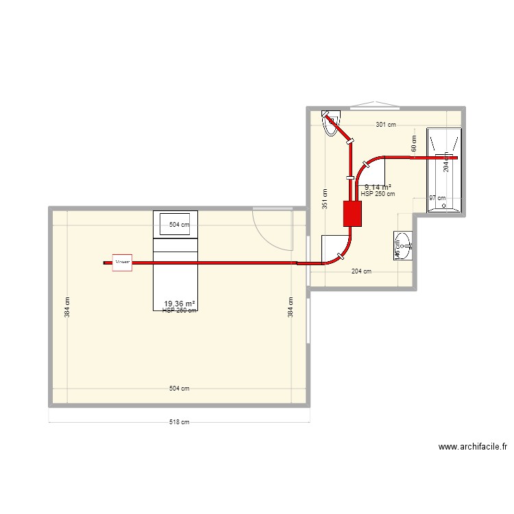 LAFITTE avec baignoire. Plan de 2 pièces et 29 m2