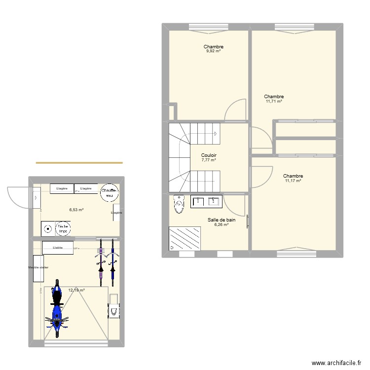 SDB+Buanderie. Plan de 10 pièces et 68 m2