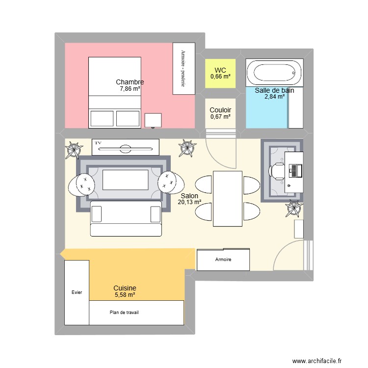 Appart. Plan de 6 pièces et 38 m2