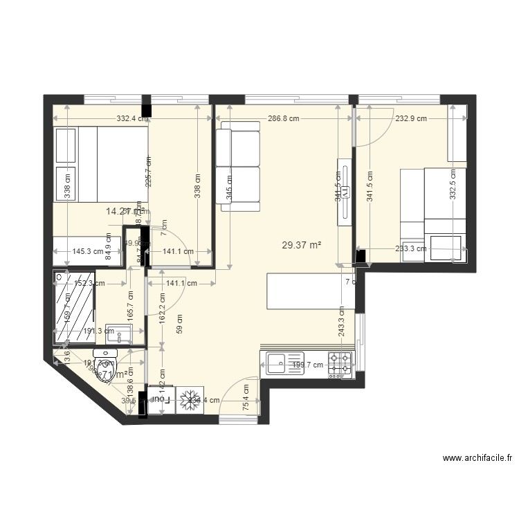 bene30. Plan de 3 pièces et 45 m2