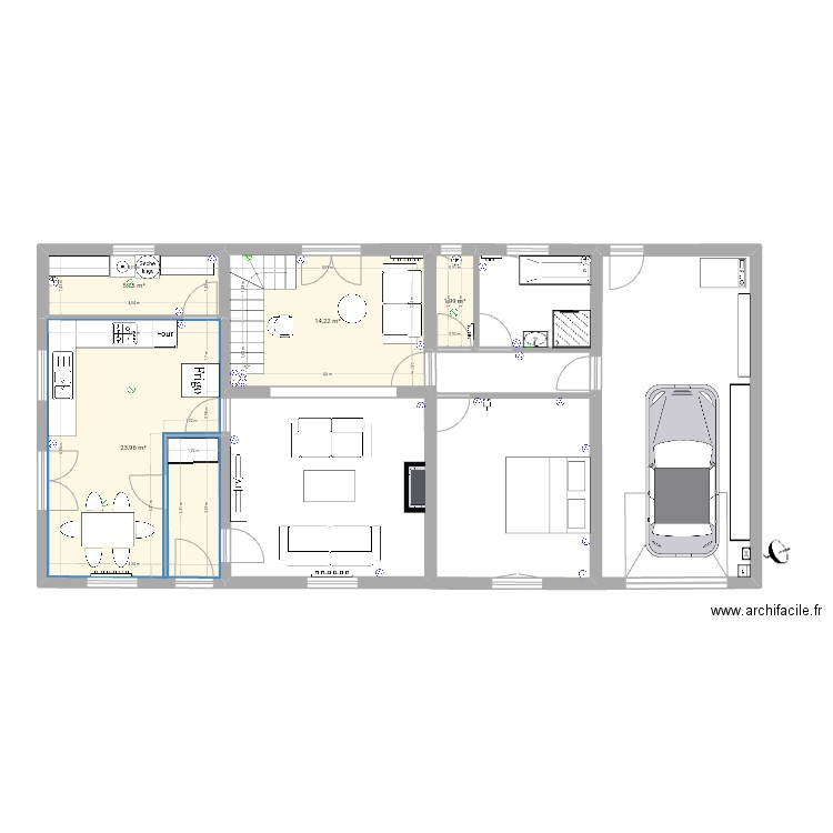RDC avec meubles. Plan de 4 pièces et 46 m2