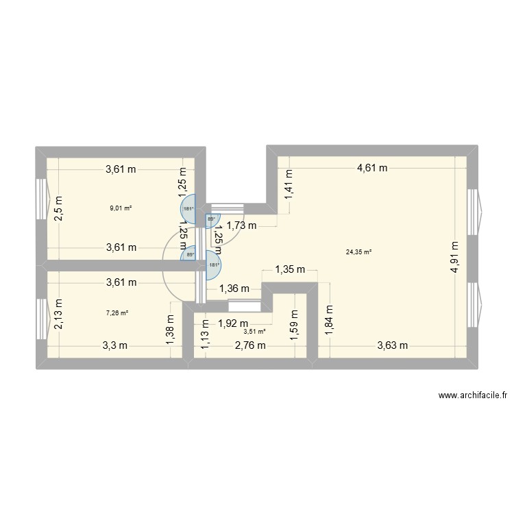 T3 Roussy. Plan de 4 pièces et 44 m2