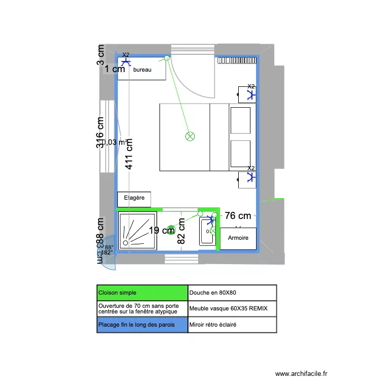 Chambre 2. Plan de 1  et 0 m²