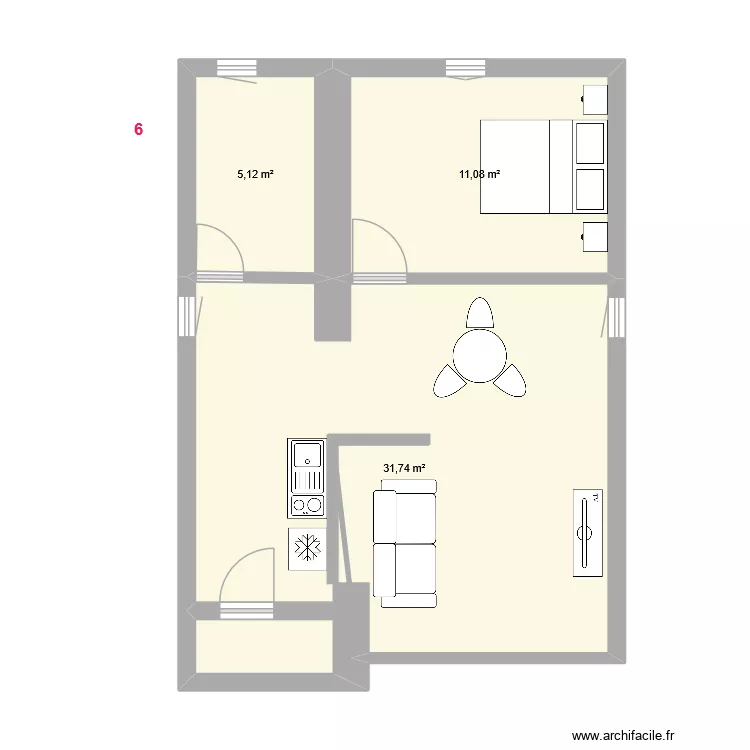 R+1 v6. Plan de 3 pièces et 48 m²