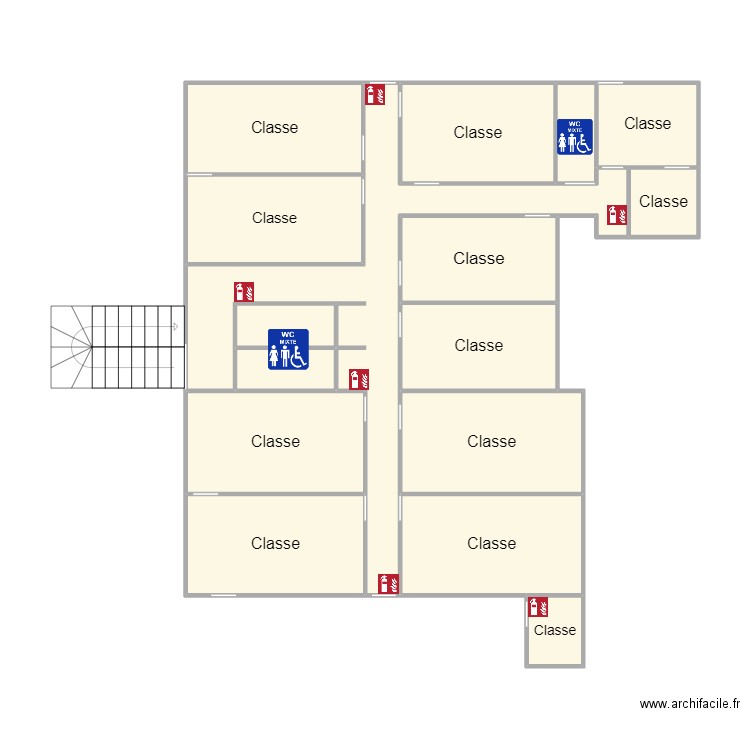 Bat J 1er etage. Plan de 16 pièces et 80 m2