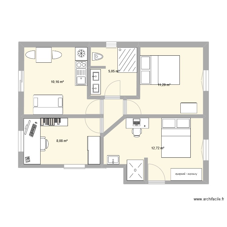 modification maison. Plan de 5 pièces et 47 m2