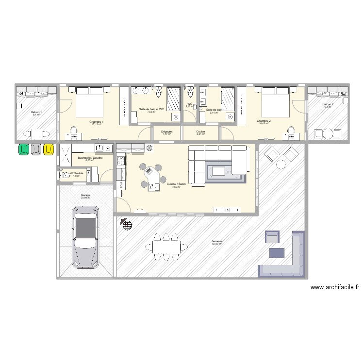 Plan T3 en T + Terrasse en U. Plan de 0 pièce et 0 m2