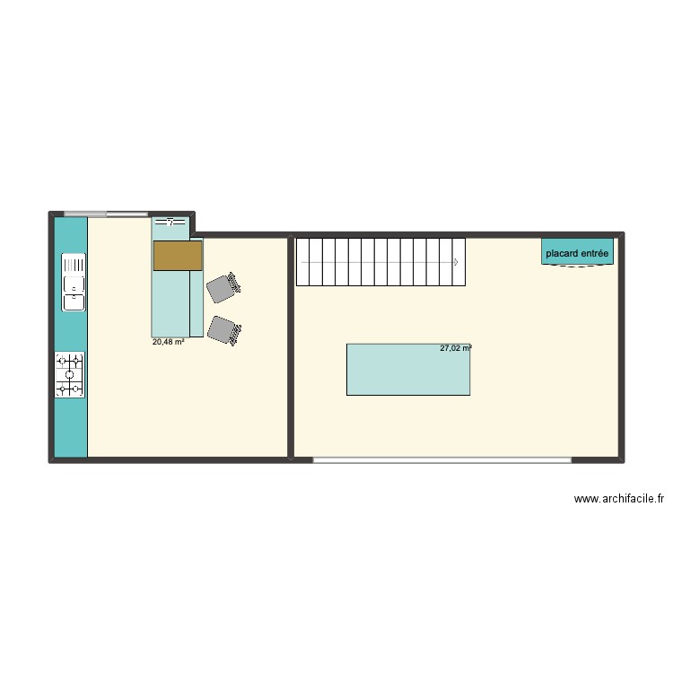cuisine séjour. Plan de 2 pièces et 48 m2