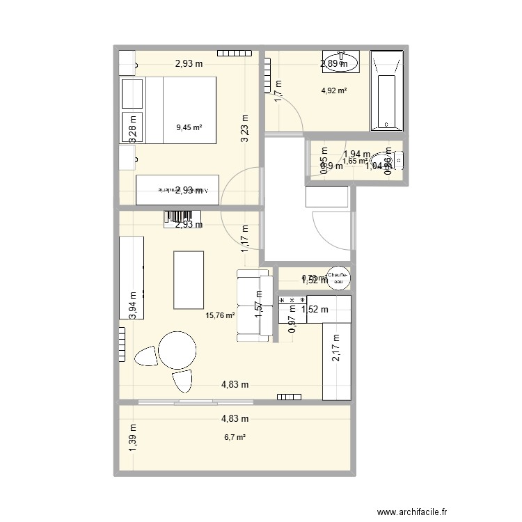 chancellerie. Plan de 6 pièces et 39 m2