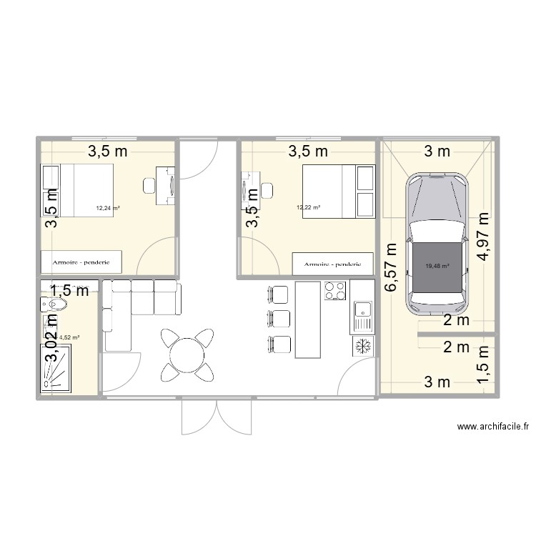 plan maison 2 nueva colombia. Plan de 4 pièces et 48 m2