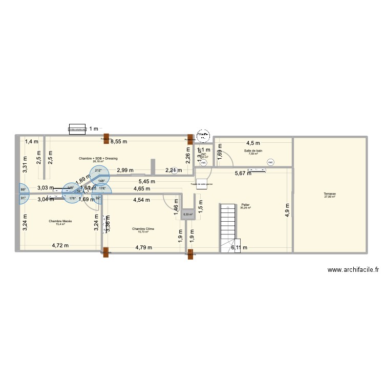 maison Antoine implantation split + cotation. Plan de 8 pièces et 130 m2