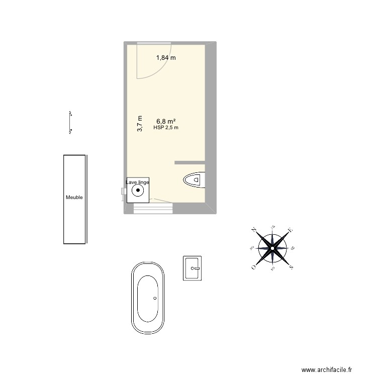 Salle de bain. Plan de 1 pièce et 7 m2