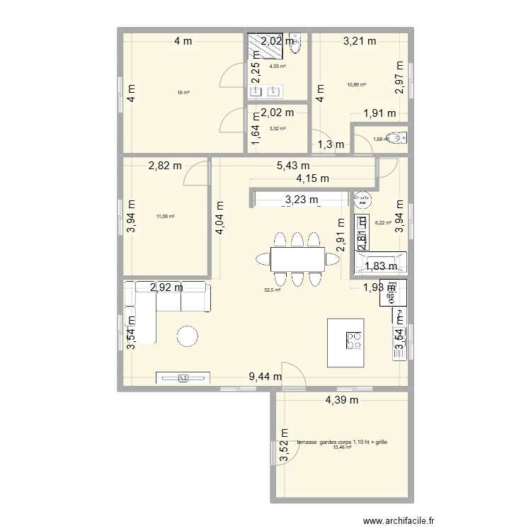 T4 ceim. Plan de 9 pièces et 122 m2