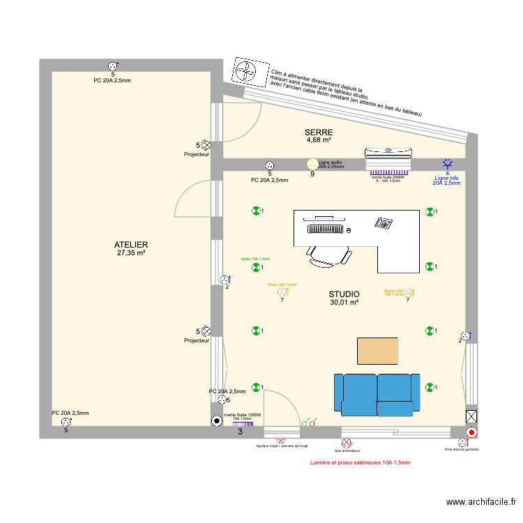 STUDIO. Plan de 3 pièces et 62 m2