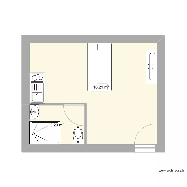 Studio. Plan de 2  et 19 m²