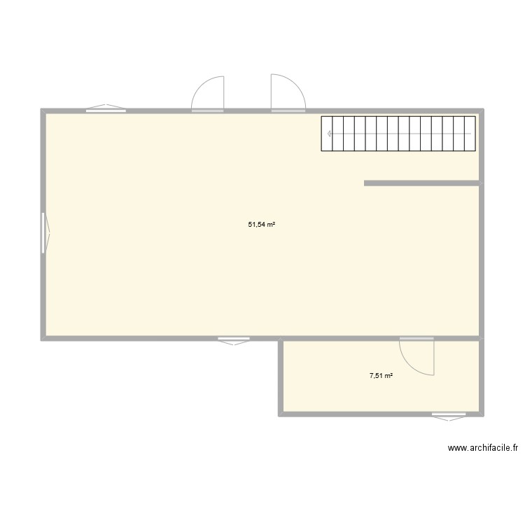 Pièce à vivre et SDB vierge. Plan de 2 pièces et 59 m2