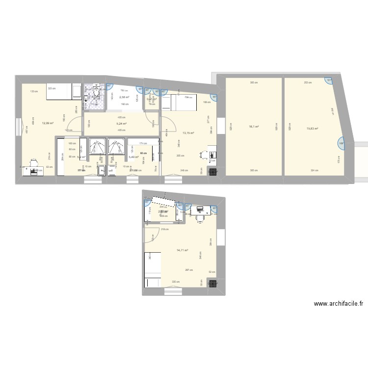 Saint-Léon Bourg - plan réel avec extension + étage BIS. Plan de 18 pièces et 201 m2