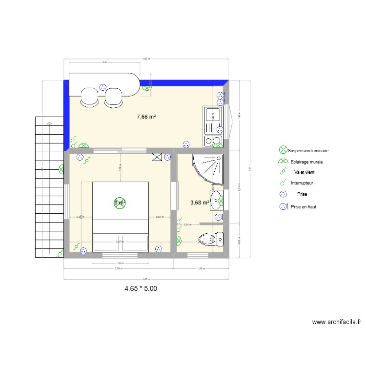 Bungalow voyageur electricite. Plan de 3 pièces et 19 m2