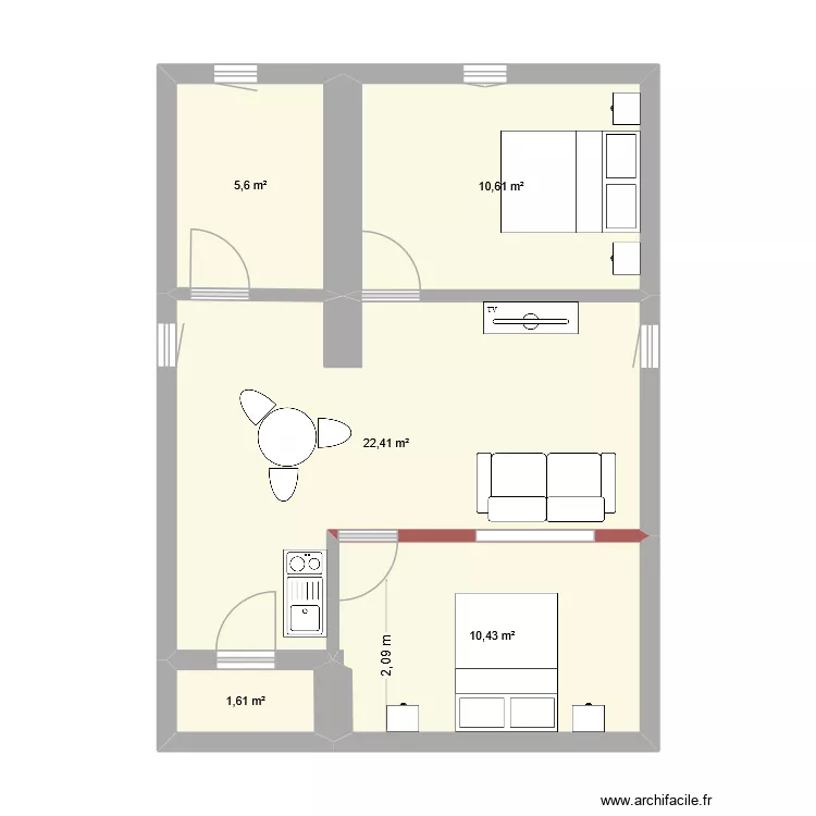 R+1 pettite chbre verriere. Plan de 5 pièces et 51 m²