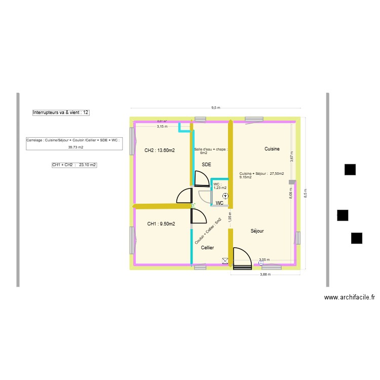 Pibrac Mesures peinture & carrelage. Plan de 4 pièces et 68 m2