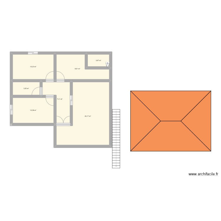 R+1. Plan de 7 pièces et 70 m2