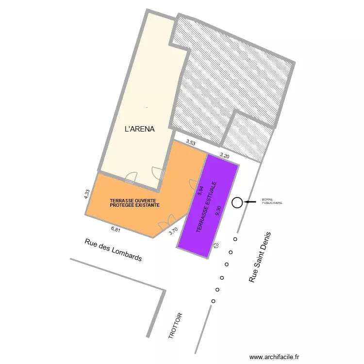 L'arena. Plan de 5  et 255 m²