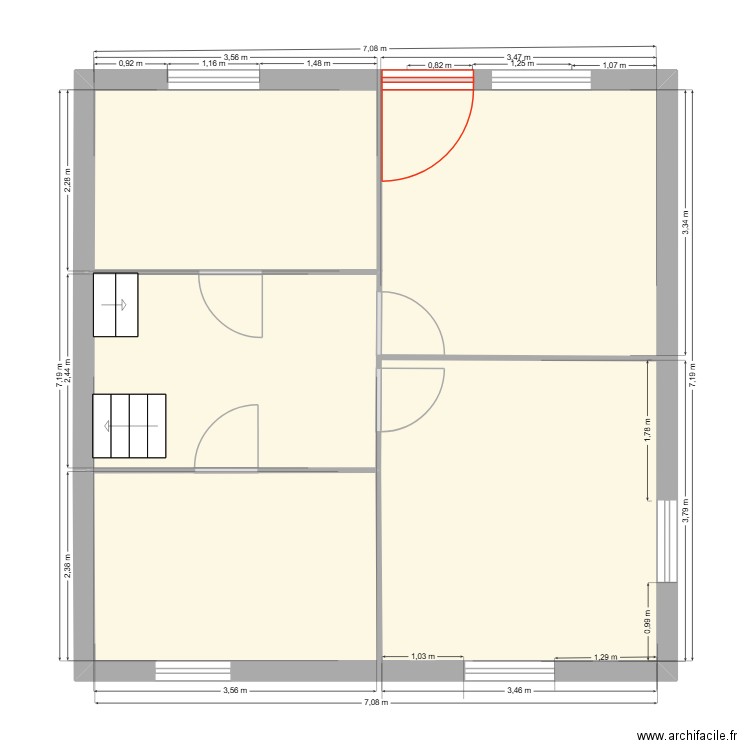 Cloisons RdC. Plan de 2 pièces et 50 m2