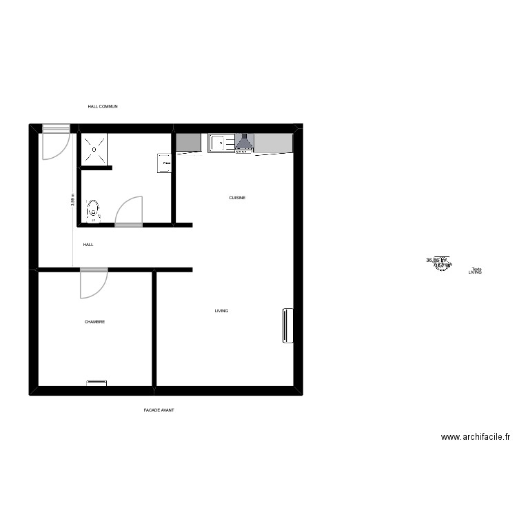 buffet. Plan de 3 pièces et 56 m2