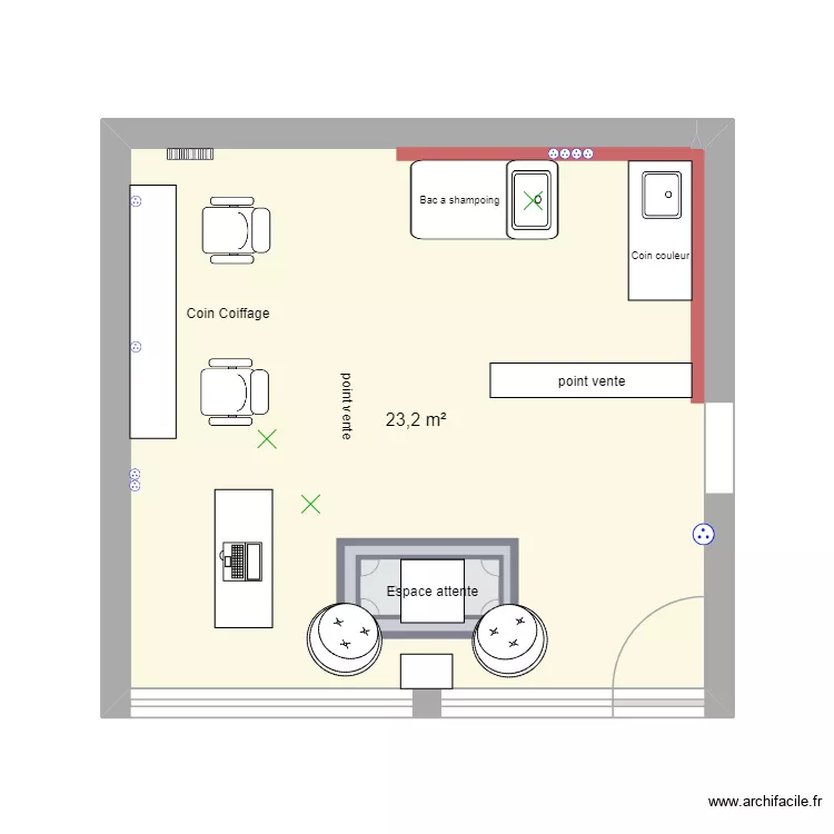 Salon de coiffure bac face mur/ bureau angle. Plan de 1 pièce et 23 m²