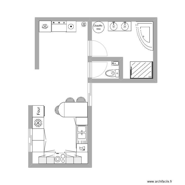 cuisine SDB modifie. Plan de 2 pièces et 9 m2