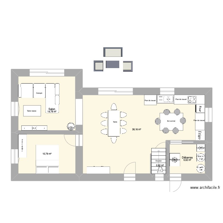 Bas (sans extension). Plan de 5 pièces et 70 m2