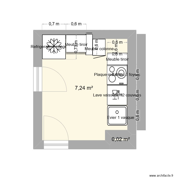 CUSINE 1. Plan de 2 pièces et 7 m2