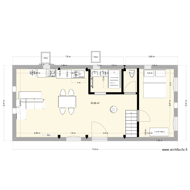Dependance_8-poutres. Plan de 1 pièce et 53 m2