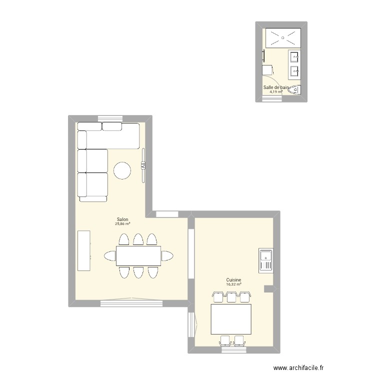 Salon et sdb. Plan de 3 pièces et 46 m2