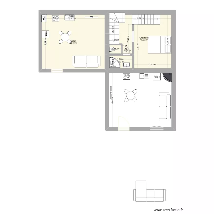 Id&eacute;e  1. Plan de 4  et 43 m²