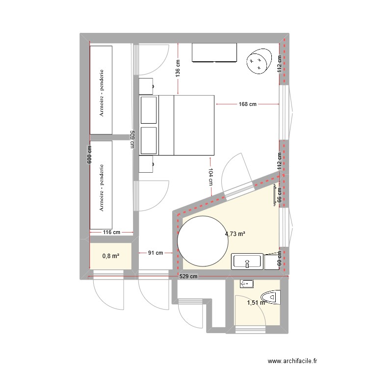 chambre V3. Plan de 3 pièces et 7 m2