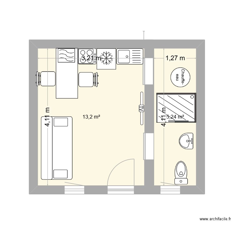 plan ouvertures avec cotations. Plan de 2 pièces et 18 m2