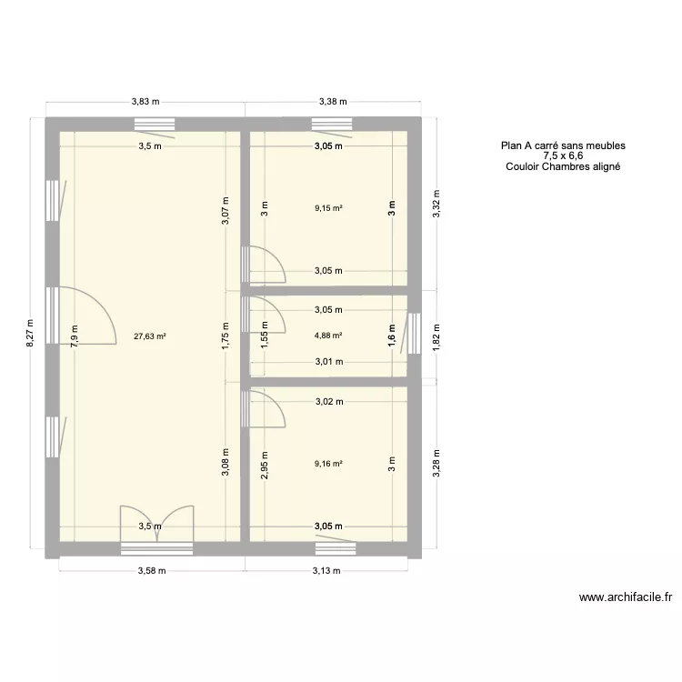 Plan A carr&eacute; sans meubles. Plan de 4 pièces et 51 m²