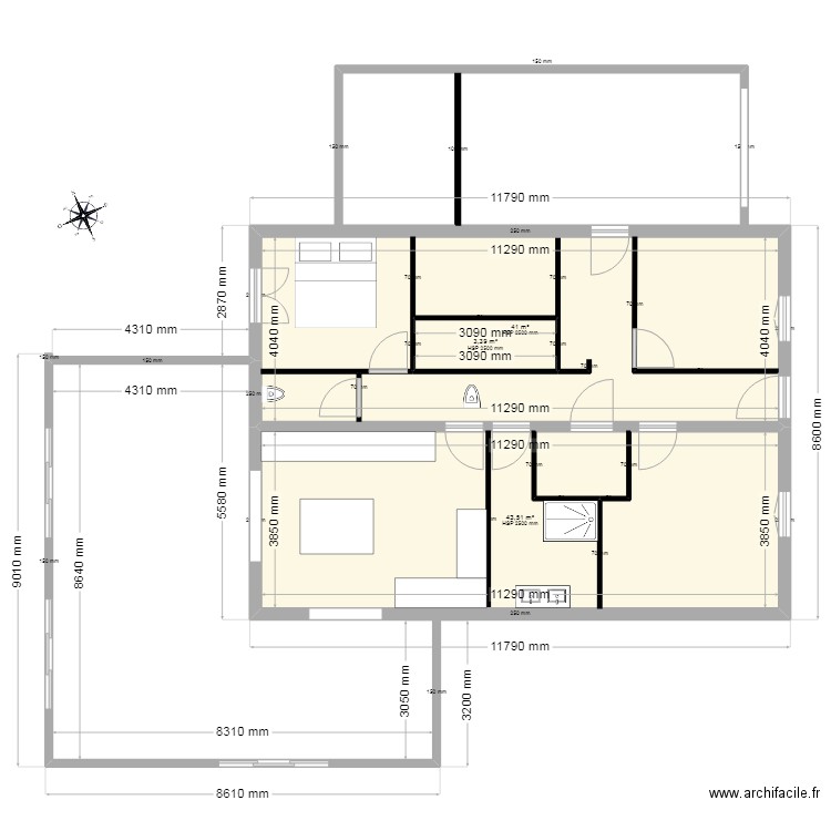 Plan maison ancienne V1. Plan de 3 pièces et 93 m2