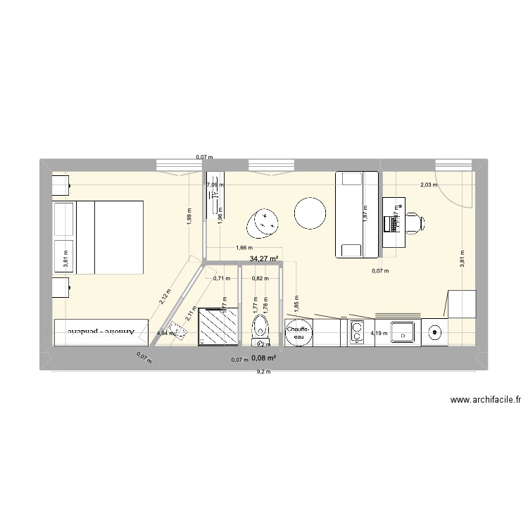 FOSH. Plan de 2 pièces et 34 m2